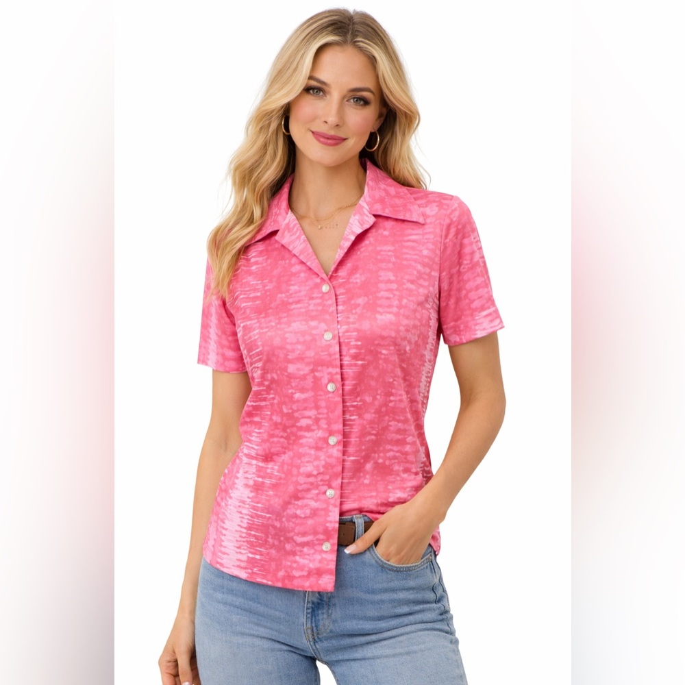 Vintage 1970s Pink Polyester Button Up Shirt Retro Short Sleeve Top
